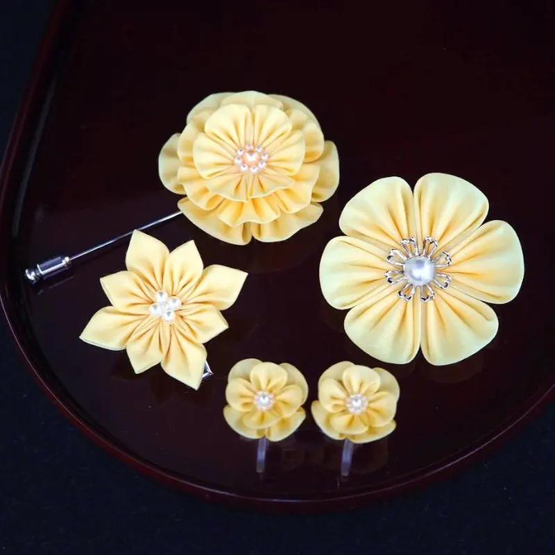 Sunshine Yellow Tsumami Kanzashi Quartet: Hat Pin Brooch, Brooch, Non-Piercing Earrings & Hair Clip 1
