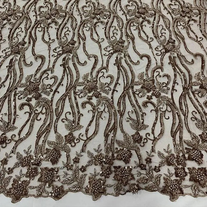 Taupe Beaded Embroidered Fashion Fabric 1