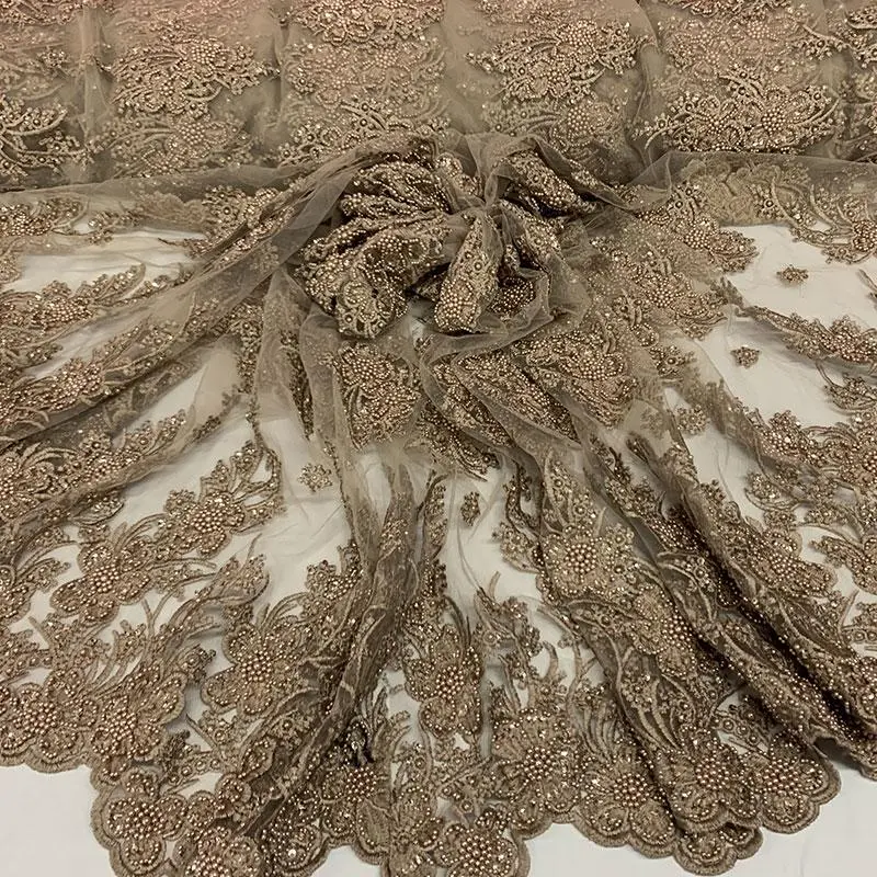 Taupe Beaded Floral Embroidered Bridal Lace Fabric 1