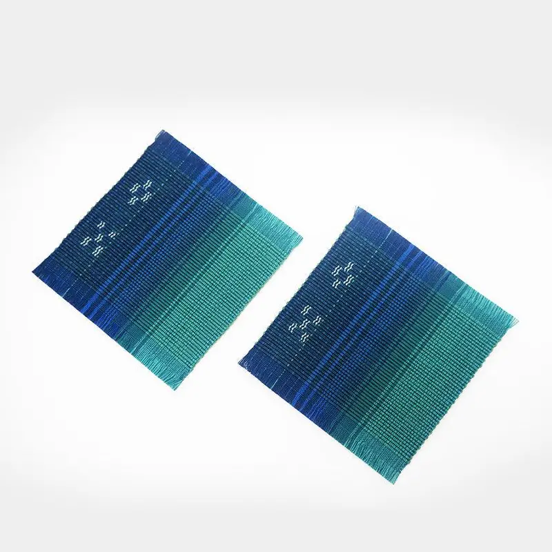 Teal-And-Blue Sea Gradient Coasters (2-Piece) | Handwoven Yaeyama Minsah | Azamiya 1