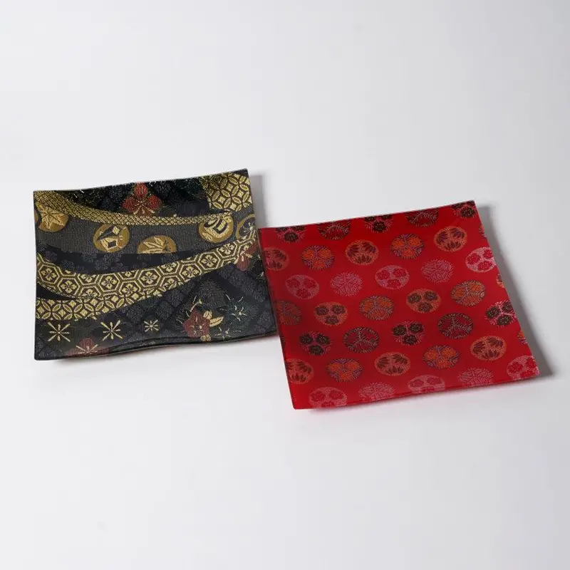 Temari & Navy Square Plate Pair Set – Handwoven Nishijin Textile Collection By Emura Shoten 1