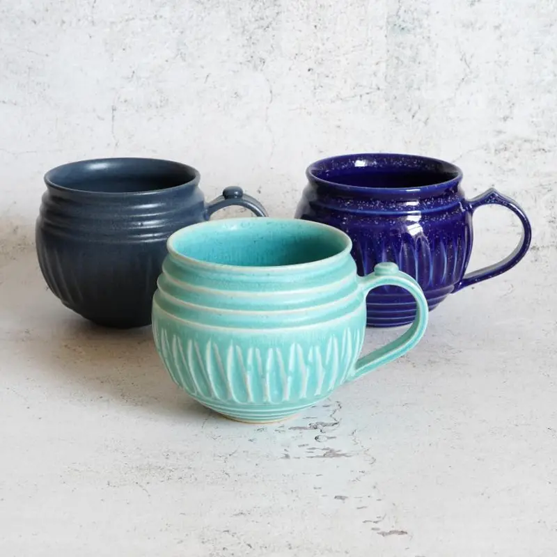 Three-Piece Turquoise Blue, Lapis Glaze & Indigo Matte Mug Set – Otaniyaki Tamura 1798 1
