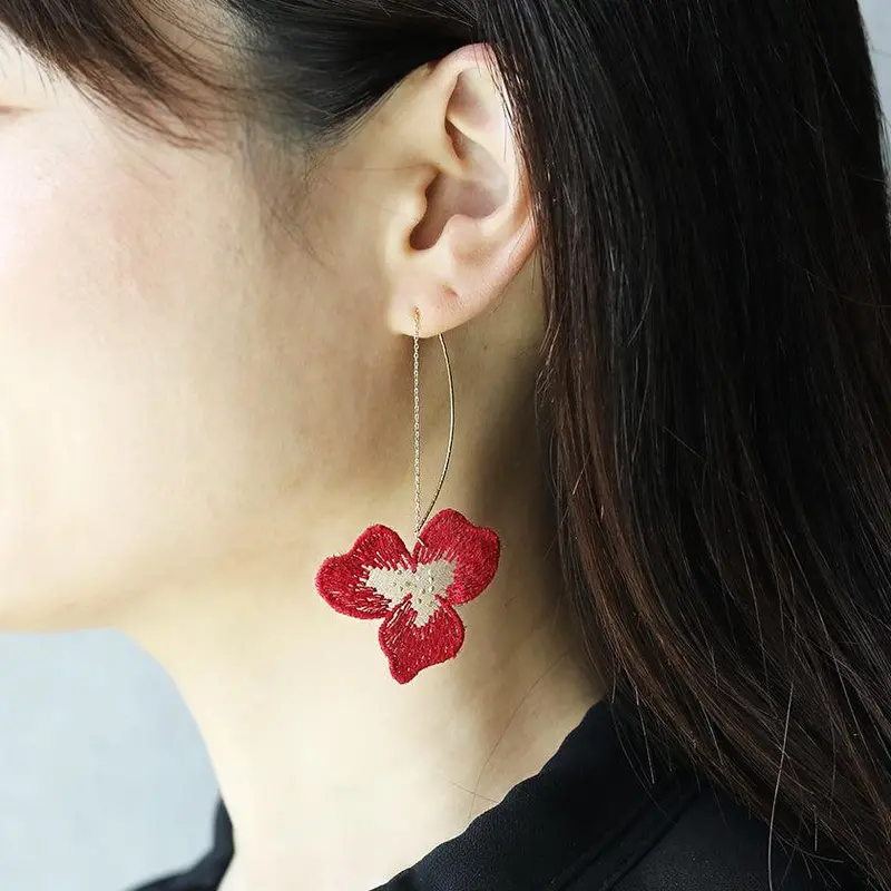 Tint Pansy Double Cherry Blossom Earrings (Small) — Red Kyoto Yuzen-Dyed Silk | Morphosphere 1