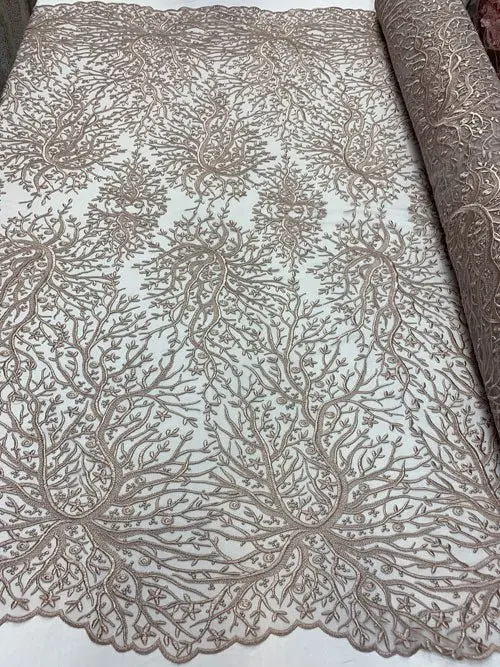 Tree-And-Floral Embroidered Mesh Lace Fabric Yardage 7