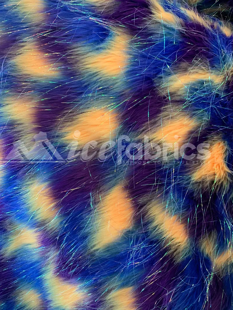 Tri-Color Rainbow Tinsel Faux Fur – 3.5" Pile (Blue/Yellow/Purple) 1