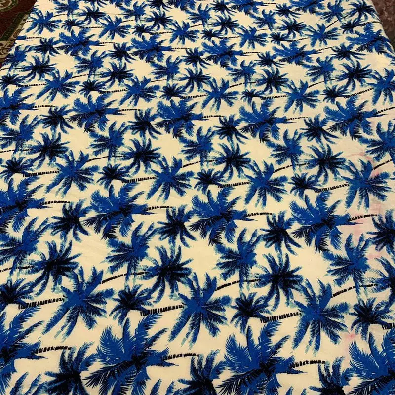 Tropical Palm Print Rayon Challis – Black & Blue Design, Yard Sale 1