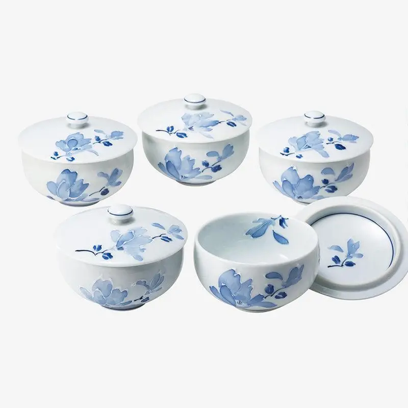 Tsuji-Gahana Tea Cup Set With Lids (5 Pcs) – Botanical Hasami Ware By Saikai Toki 1