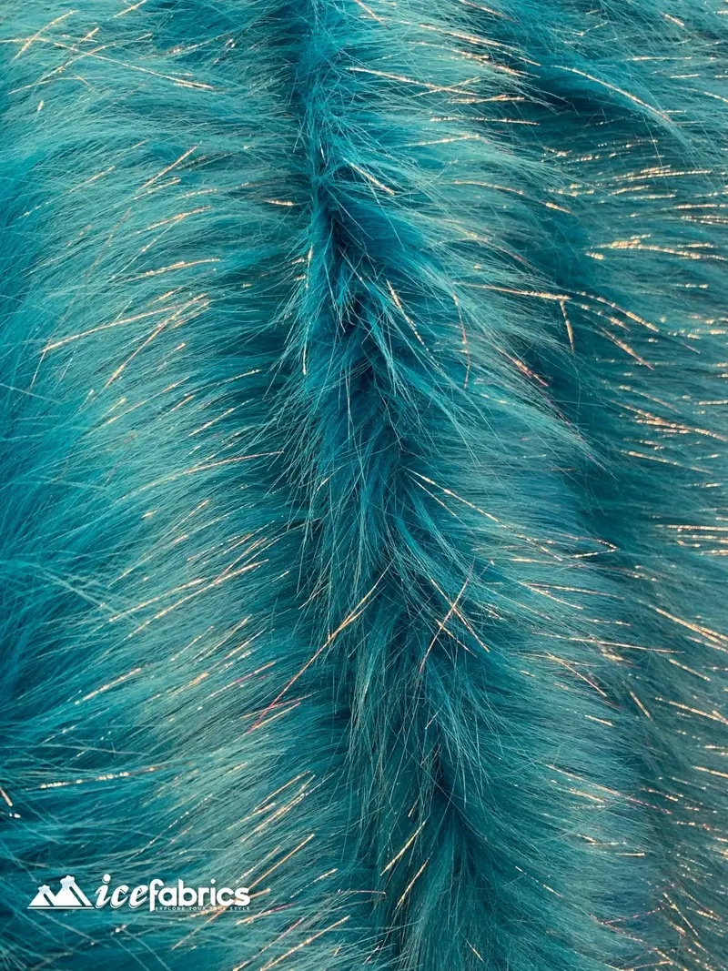 Turquoise Metallic-Tinsel Mongolian Faux Fur – Long-Pile Designer Yard Fabric 1