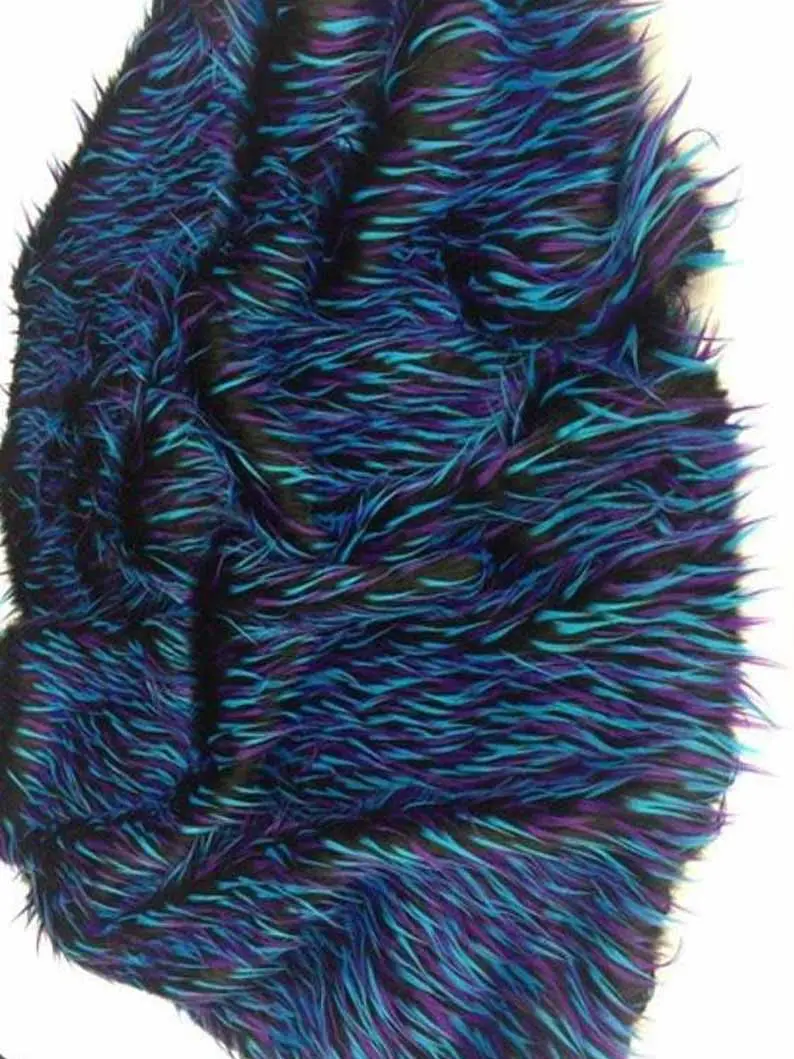 Turquoise-Purple-Black Tri-Tone Spiked Faux Fur – 60" Wide Long-Pile Fabric 1