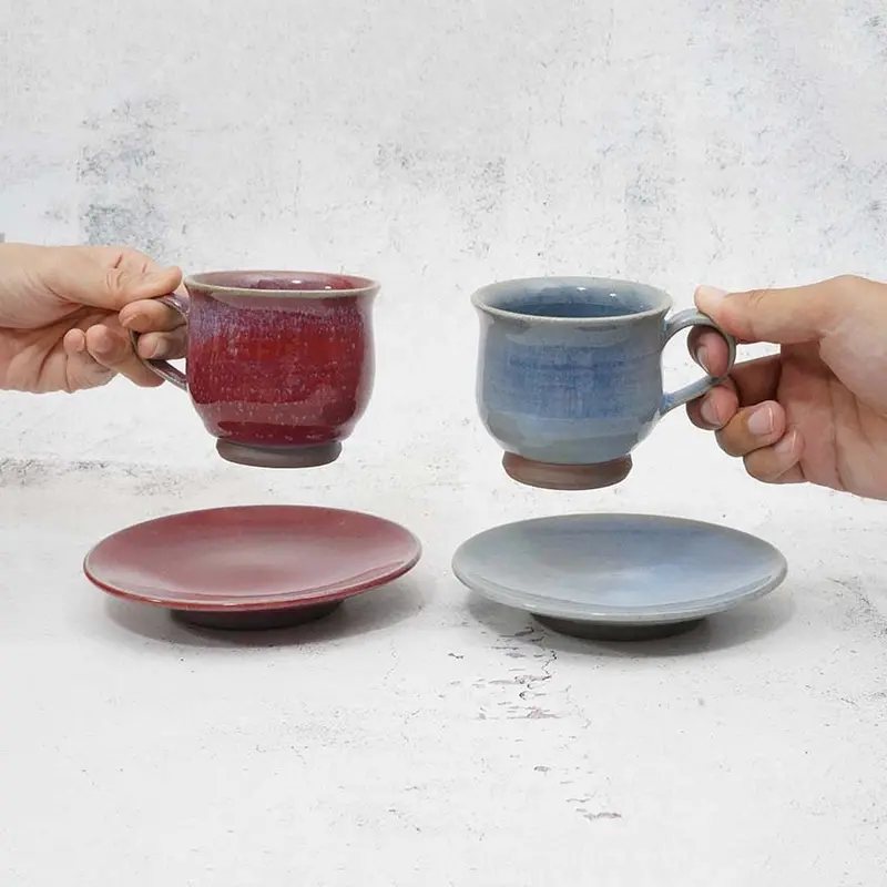 Two-Piece Cinnabar And Blue Glazed Cup Set | Yoshimi Gama | Otani Ware 1