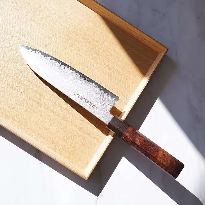 V10 Damascus Santoku Knife – Striped Ebony Handle & Bolster | Sakai Forged Blades 1
