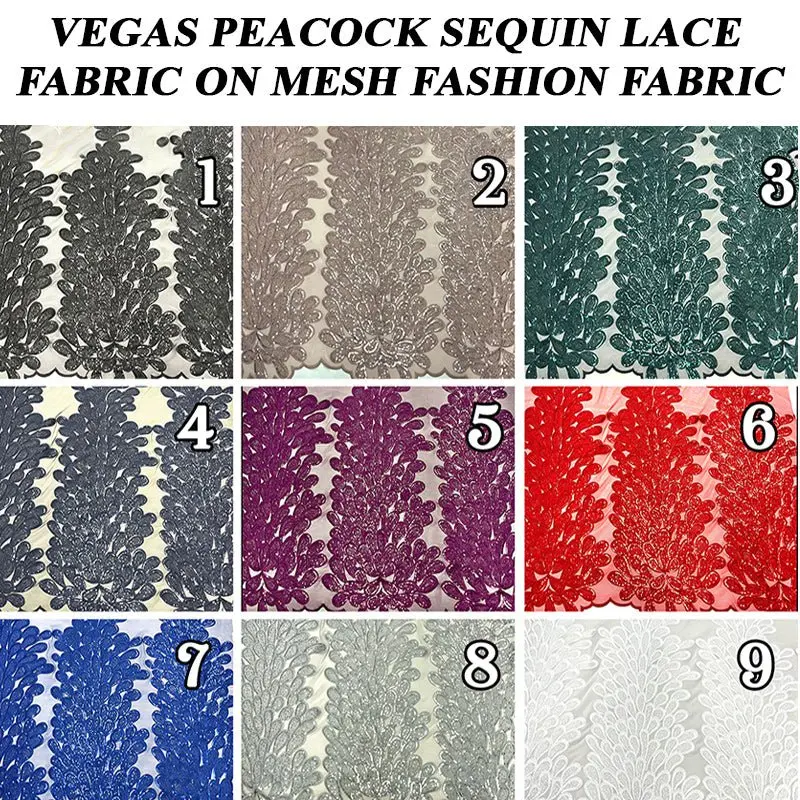 Vegas-Inspired Peacock Sequin Lace Fabric On Sheer Mesh 1