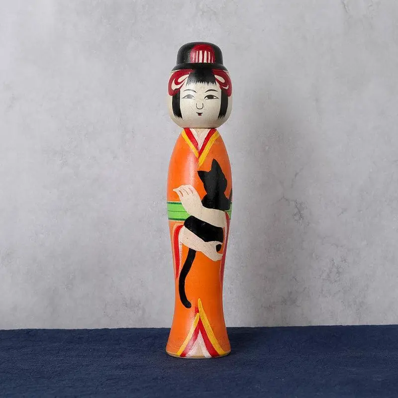 Vintage Taisho-Style Kokeshi Doll In Vibrant Orange | Handcrafted Tsuchiyu Wooden Doll By Akihiro Konno 1