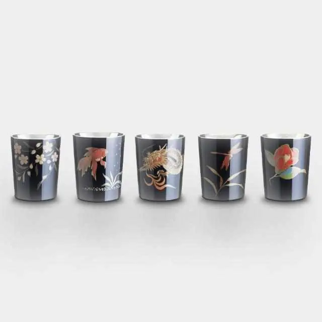 Wajima-Style Sanbei Sake Set – Black 5-Piece Pewter Ensemble With Nature Motifs 1