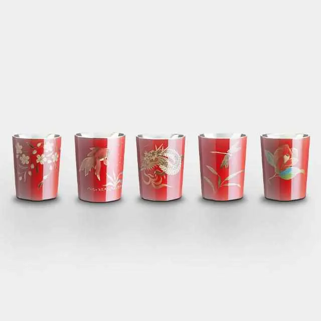Wajima-Style Sanbei Sake Set – Vermilion 5-Piece Lacquer-Motif Pewter Collection 1