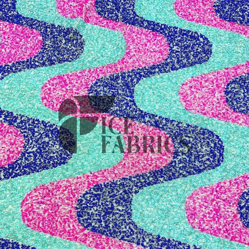 Wavy Aqua, Neon Pink & Purple Stretch Velvet Sequin Fabric On Aqua Mesh 1