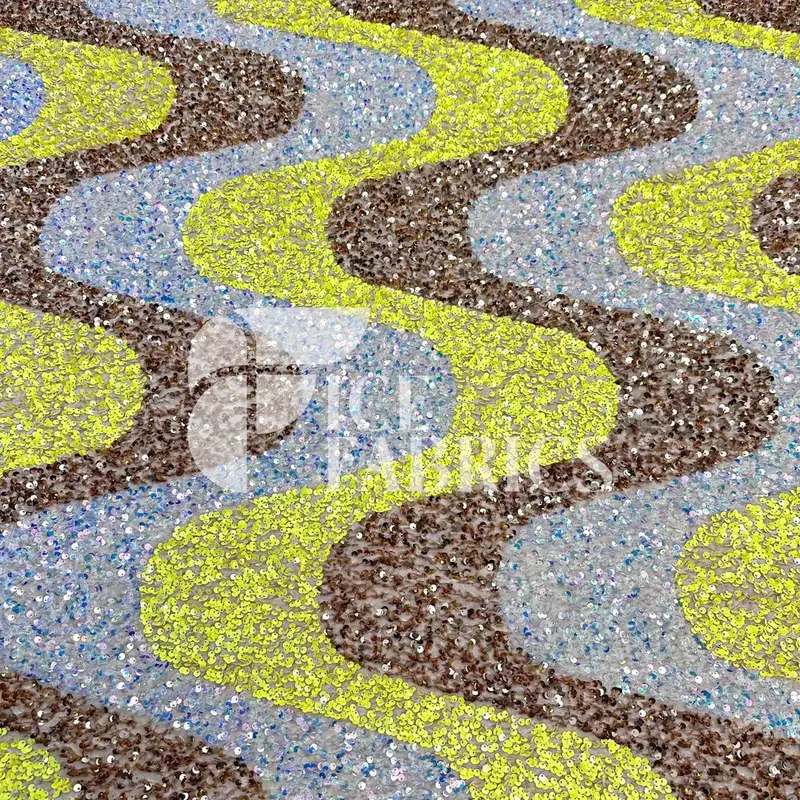 Wavy Champagne & Yellow Iridescent Stretch Velvet Sequin Fabric On Champagne Mesh 1
