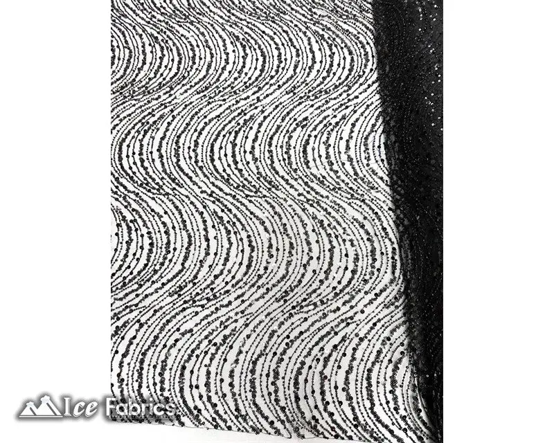 Wavy Embroidered Sequin Mesh Fabric – Textured Beaded Design 1