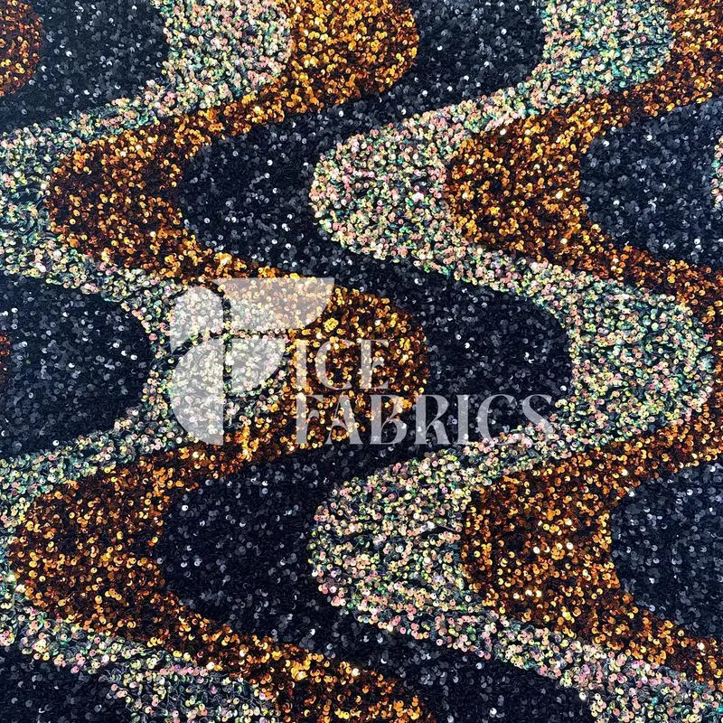 Wavy Gold & Black Iridescent Stretch Velvet Sequin Fabric On Black Base 1