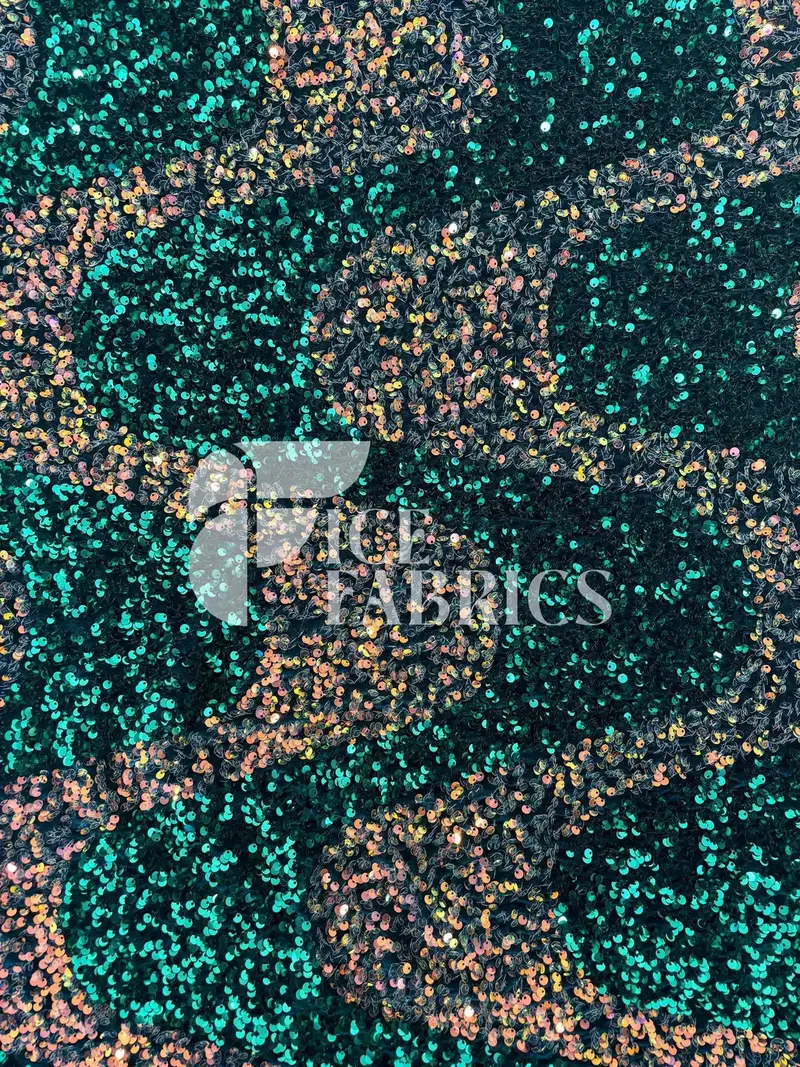 Wavy Hunter Green & Iridescent Orange Stretch Velvet Sequin Fabric On Green Mesh 1