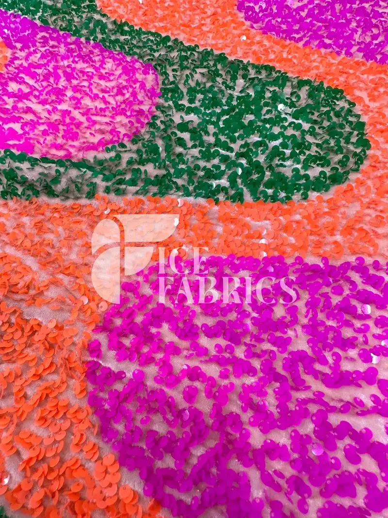 Wavy Lavender, Green & Neon Orange Stretch Velvet Sequin Fabric On Nude Base 1