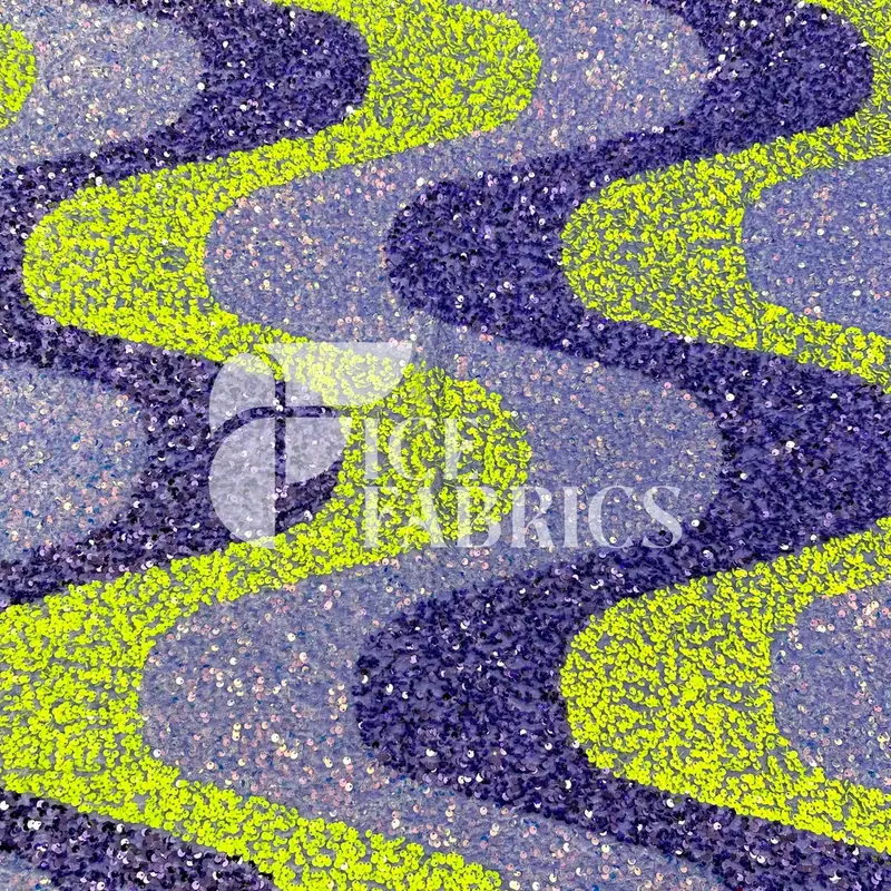 Wavy Lavender & Neon Yellow Stretch Velvet Sequin Fabric On Lavender Mesh 1