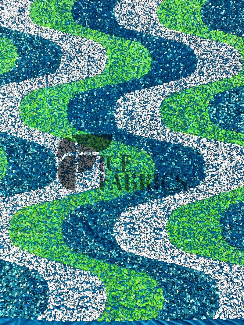 Wavy Lime & White Stretch Velvet Sequin Fabric On Turquoise Foundation 1