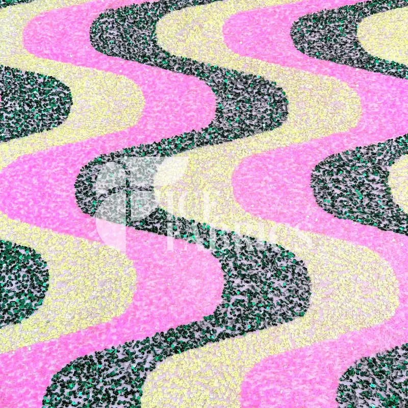 Wavy Pink-Green-Yellow Sequin Fabric On Champagne Stretch Velvet 1