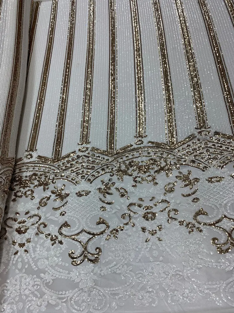 White-And-Gold Stretch Sequin Fabric – Elegant Metallic Mesh 1