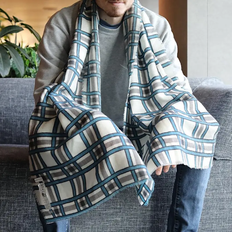 White-Blue-Gray Lattice Silk Scarf – Artisan Kyo Yuzen Dyeing By Nogiguchi Kihei 1