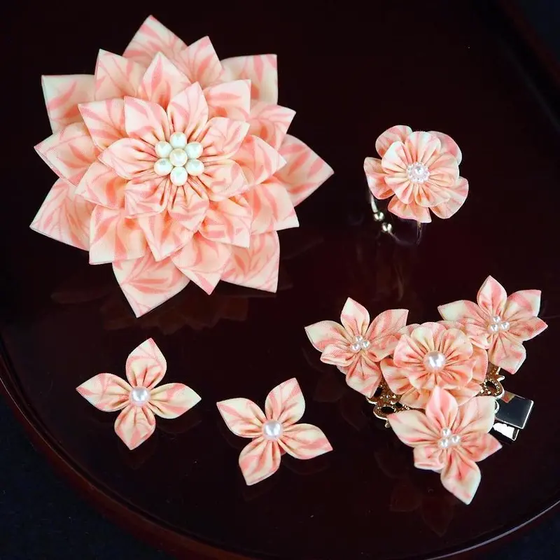 Willow Wood Tsumami Kanzashi Set: Brooch, Hair Clip, Ring & Earrings 1