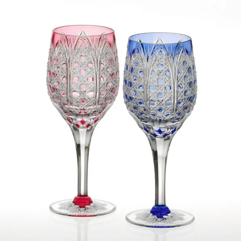 Wine Glass Pair – Bamboo Leaves & Octagonal Basket Weave, Edo Kiriko 1