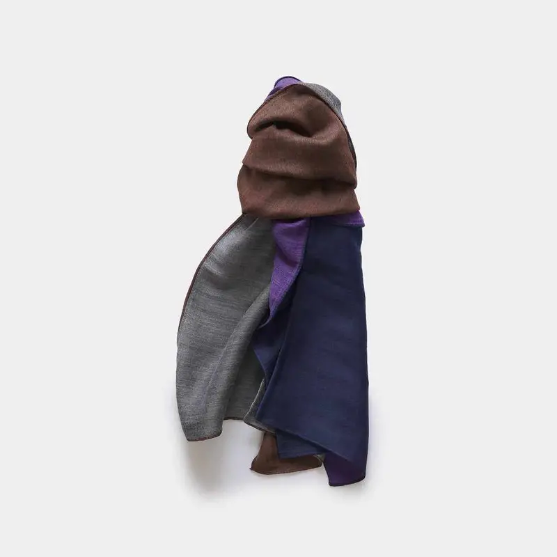 Yasuragi Erimaki Scarf – Gray, Brown, Navy, And Purple Gradient By Gunnai Textiles & Fuji Sakura 1